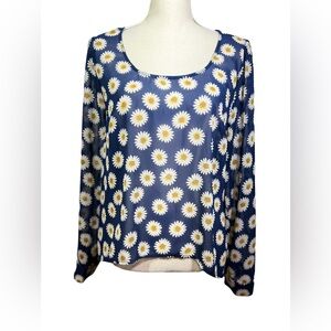 Miss Daisy Navy Floral Blouse Size L Semi Sheer with Strappy Back